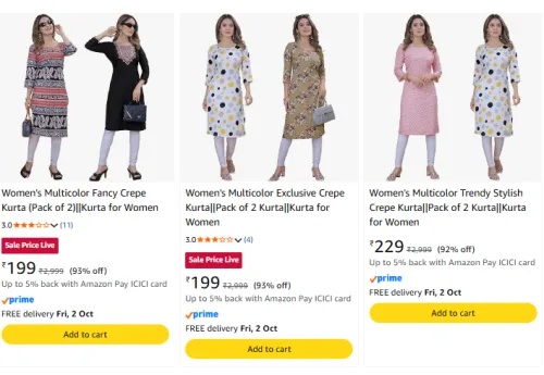 Image of Women's Kurti Pack of 2 Starting @ ₹199