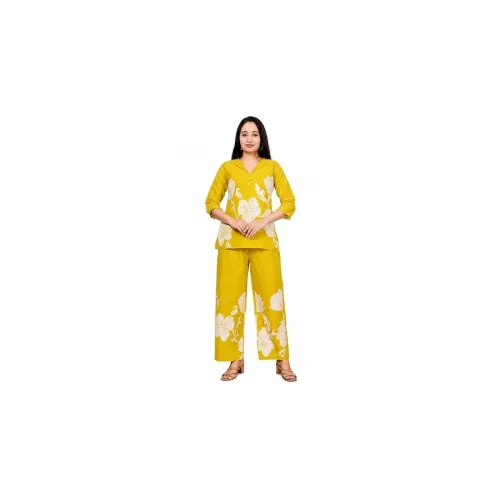 Image of Women's Mustard Yellow Floral Print Co-ord Set Paribelle Women's Cotton Co-ord