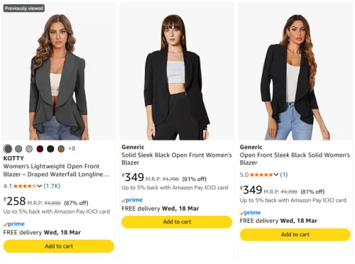 Image of Women's Open Front Blazer @ Starting ₹258