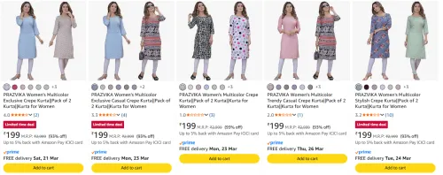 Image of PRAZVIKA Women's Premium Kurta (Set of 2 ) From ₹199