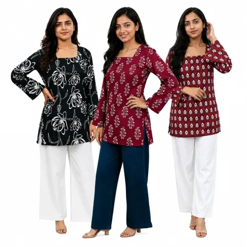Image of Women's Printed Reyon Short Kurti Combo Pack of 3