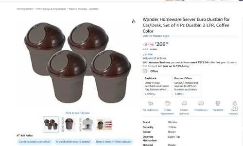Image of Wonder Homeware Server Euro Dustbin for Car Desk Set of 4 