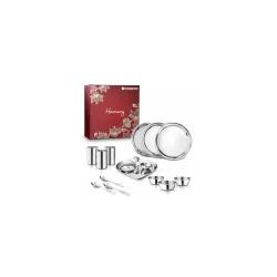 Wonderchef Harmony Premium Wedding Gift & Pooja Set | Plates, Bowls, Glasses, Spoons, Pooja Thali, Diya & Agarbatti Stand | Elegant Red Gift Box for Weddings, Festivals, Housewarmings