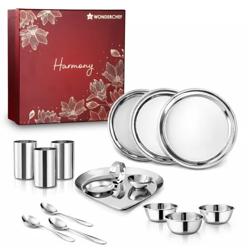 Image of Wonderchef Harmony Premium Wedding Gift & Pooja Set lates Bowls Glasses Spoons Pooja Thali Diya & Agarbatti Stand