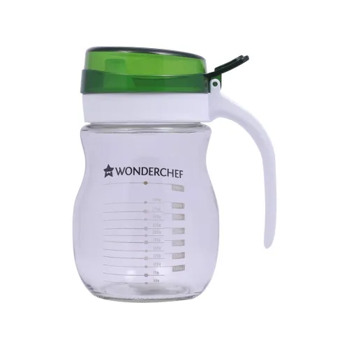 Image of Wonderchef Oil Pourer Glass Bottle for Kitchen, Transparent Oil Pourer and Holder with Green Lid, Accurate Pouring Witho