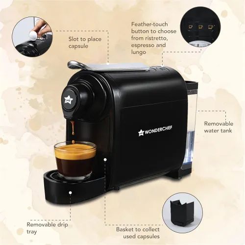 Image of Wonderchef Regalia Capsule Coffee Machine with Frother | Perfect espresso shots for Cappuccino, Latte and Americano | 3 