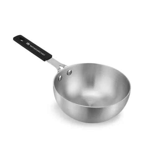 Image of Wonderchef Venice Tri-ply Stainless-Steel Mini Wok Tadka Pan | 650 ml, 14 cm | Cool-Touch Silicone Handle | Warp-Resista