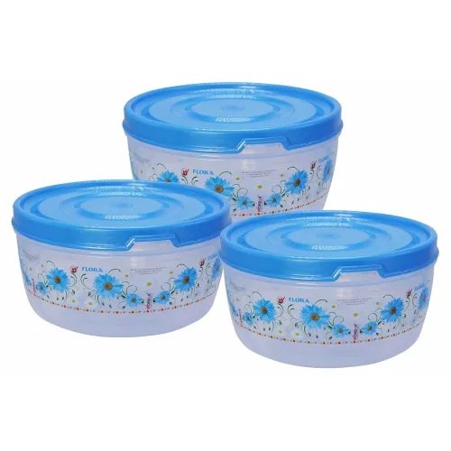 Image of Wonder Food Saver Round Printed Plastic Container Set, 3 Pc Container 600 ml, Set of 3, Floral Print, Blue Color, (FOOD_