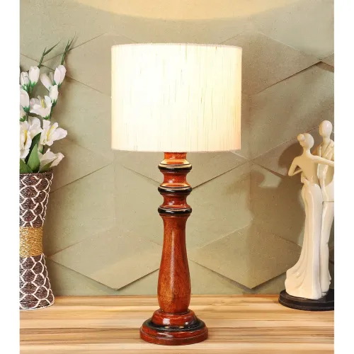 Image of tu casa Off White Cotton Shade with Brown Mango Wood Base Table Lamp