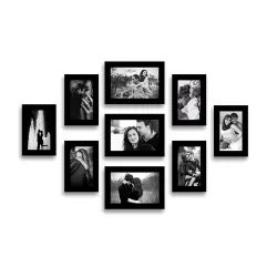Wood MDF Photo Frame With Glass (Black,9 Photos) Wall Mount, Rectangular, 5 x 7 inches (3 pieces), 4 x 6 inches(6 pieces)
