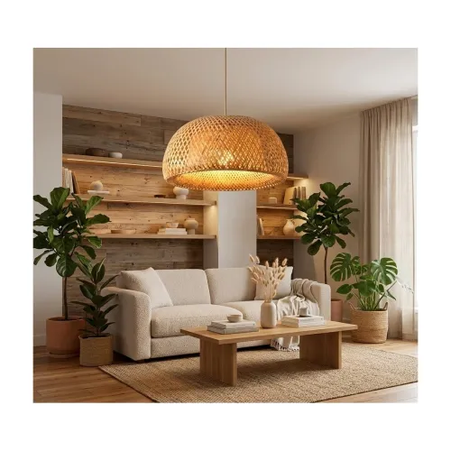 Image of Wooden Bamboo Hanging Lampshade Farmhouse Pendant Lamp 