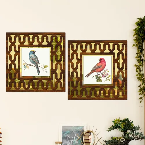 Image of Wooden Bird Painting Mirror Wall Décor Panel for Home Décor Living Room Bed Room