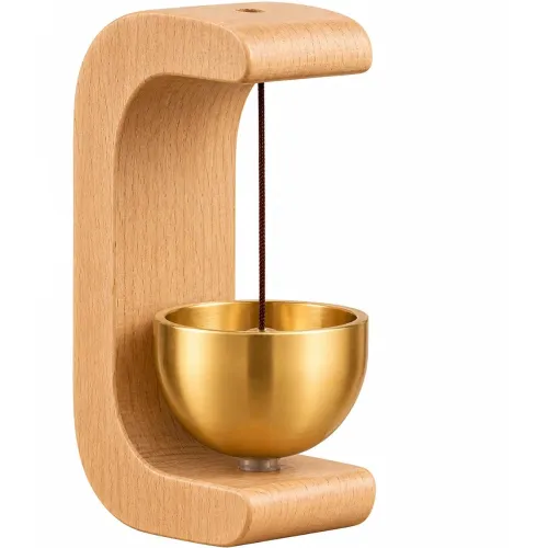 Image of Wooden Brass Bell Door Chime With Natural Wood Stand