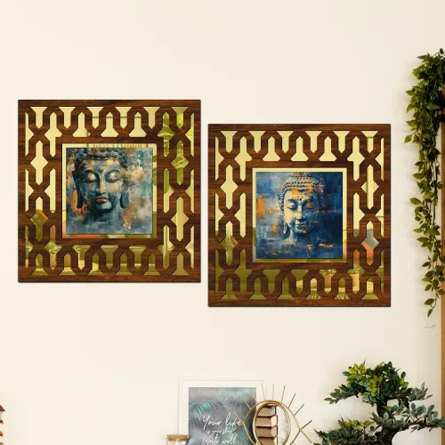 Image of Wooden Buddha Art Mirror Wall Décor Panel for Home Décor Living Room Bed Room