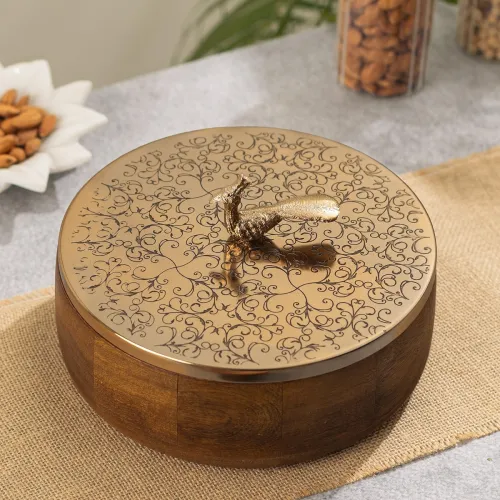 Image of Wooden Casserole with Peacock Handle | Floral Engraved Hot Case Chapati Box