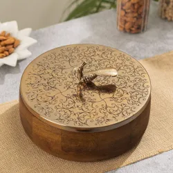 Wooden Casserole with Peacock Handle | Floral Engraved Hot Case Chapati Box