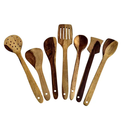 Image of Wooden Cooking and Serving Spoons Non Stick (Set of 7) - Kitchen Tools Utensils SpatulasLadles