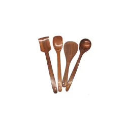 Wooden Kitchen Utensil Set, Brown Walnut Wood, 4-Piece Cooking Spoons and Spatula Collection, Traditional Style