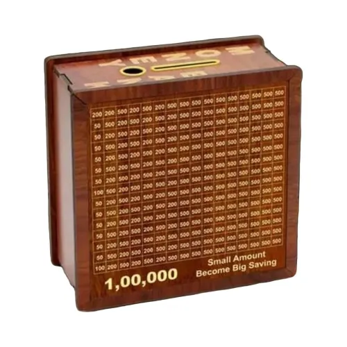 Image of Wooden Piggy Bank Gullak with 1,00,000 Savings Chart Tracker