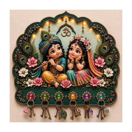 Image of Wooden Radha Krishna Printed Key Holder