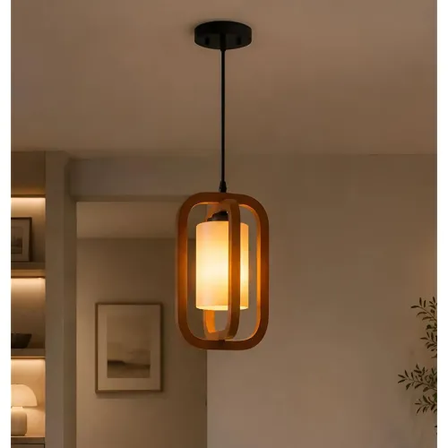 Image of Wooden Rectangular and White Cylindrical Candle Shaped Pendant Lamp