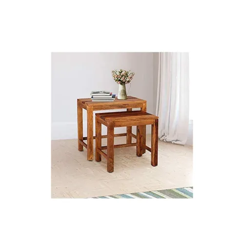 Image of Wooden Sheesham Wood Nesting Table Set of 2 Stools