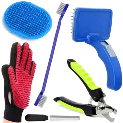 Woofy 6 in 1 Dog Grooming Kit Hand Glove Bath Brush + Toothbrush + Slicker Bath Brush + Nail Cutter + Nail Filler + Pet Self Cleaning Slicker Comb for Dogs and Cats