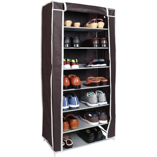 Image of wowobjects 7 Layers Portable Multi-Utility DIY Foldable Storage Shoe Rack for Home(Brown)