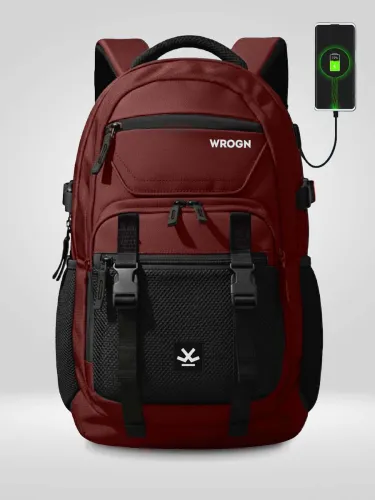 Image of WROGN Large 42 L Laptop Backpack Unisex Ashper 2.0 with USB Port, Rain Cover and Reflective Strip (Maroon, Black)
