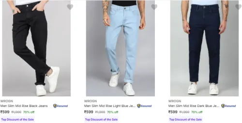 Image of Wrogn Men Jeans at Minimum 70% Discount