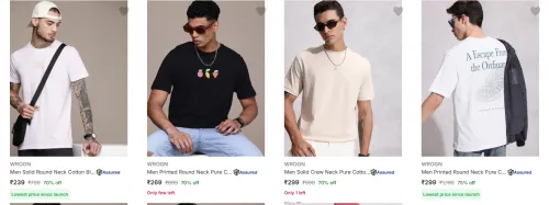 Image of Wrogn Men's T-Shirts at minimum 70% Discount