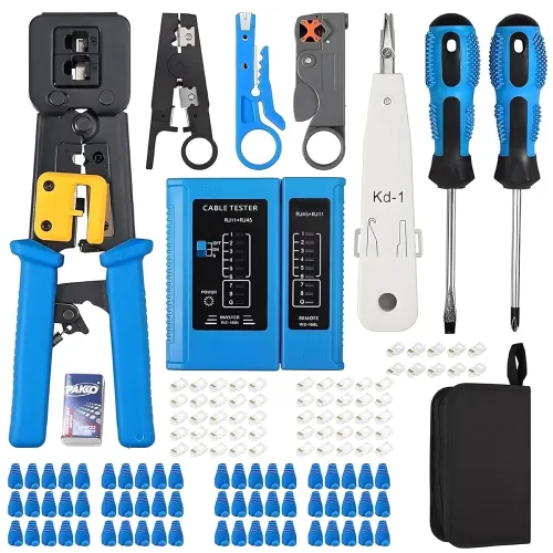 Image of XIKKART Crimping Tool RJ45, Wire Cutter, Tool Kit, Cat5 Cat5e Cat6, 50PCS RJ45 Cat6 Passthrough Connectors, 50PCS Covers