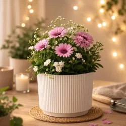 Xtore® Striataform Ceramic Ribbed Planter | Contemporary Round Flower Pot for Home, Bedroom, Study Table & Living Room Décor – (White, 1 Piece, Planter ONLY)