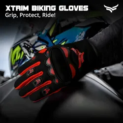 XTRIM Biking Gloves for Men (Medium) Full-Finger Length Motorcycle Gloves, Moisture-Absorbent Fabric, Comfortable Fit, Reinforced Knuckles for Impact Protection (Jet Black & Red)