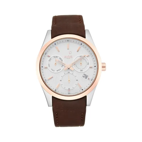 Image of Xylys Swiss Multifunction with Date White Dial Brown Leather Strap Watch for Men