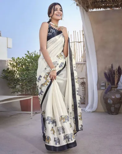 Image of YASHIKA  Printed Daily Wear Art Silk Saree (White, Black)