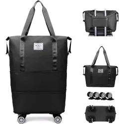 Yatee Foldable Trolley Travel Bag with Wheels for Women & Men, Expandable Rolling Duffel Bag, Large Capacity Lightweight Luggage, Waterproof Carry Tote with Detachable Wheels for Travel