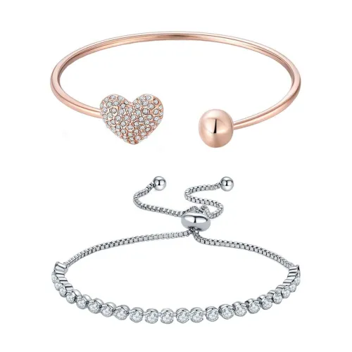 Image of Yellow Chimes Combo Bracelets for Women 2 Pcs Charm Open Bangle Heart Shape White Crystal Charm Chain Bracelets set for 