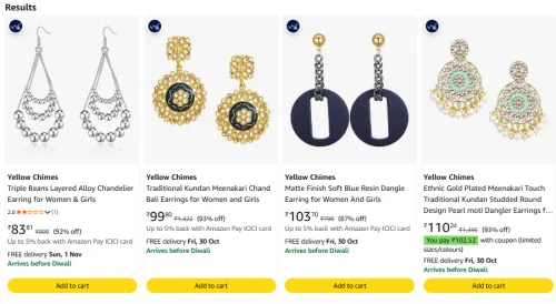 Image of Yellow Chimes Earrings for Women at minimum 70% Discount