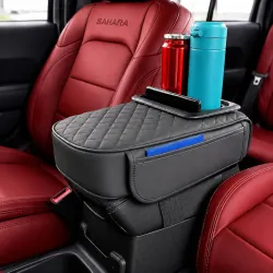 Yobbo Car Armrest Protector Cover with 2 Cup Holders, 2 Storage Mobile Side Pockets Comfort Cushion Pad Arm Rest Leather Console Interior Accessories Fit for All SUV's (Black)