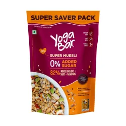 Yogabar Super Muesli, No Added Sugar, Breakfast Muesli with Probiotics & Prebiotics, 84% Whole Grains + Seeds + Almonds,