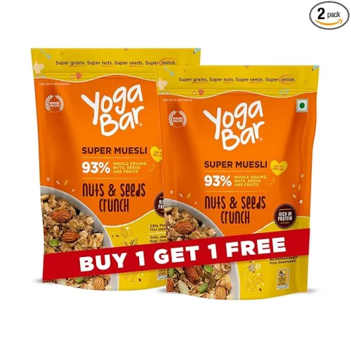 Image of Yogabar Muesli Nuts + Seeds Crunch 700g (Buy 1 Get 1 FREE) with Flax and Chia Seeds, Muesli Nuts Delight Whole Grain, Hi