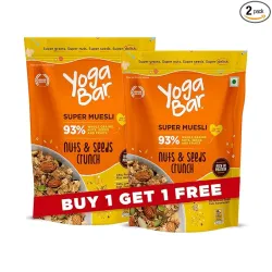 Yogabar Muesli Nuts + Seeds Crunch 700g (Buy 1 Get 1 FREE) with Flax and Chia Seeds, Muesli Nuts Delight Whole Grain, Hi