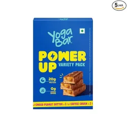Yogabar Power Up 20g Protein Bar (5 Bars, Variety Pack, No Added Sugar) | Least Net Carbs | Zero Added Sugar Protein Bar