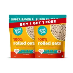 Yogabar 100% Rolled Oats 2 kg (1 Kg Pack of 2 Pouch) | Gluten-Free, High-Fibre Wholegrain Oats | Nutritious Breakfast Cereal, Easy-to-Cook