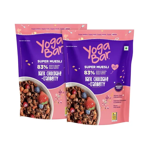 Image of Yogabar Wholegrain Breakfast Muesli - Dark Chocolate + Cranberry, 700g (Pack of 2) (Super Saver Pack) | Healthy Cereals 