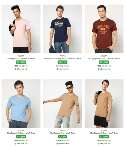 Image of YOUSTA Men Regular Fit Crew-Neck T-Shirt Starting At Rs.100