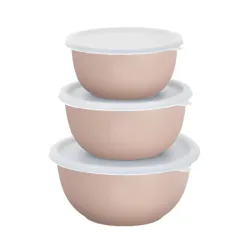 Zaib Microwave Safe Stainless Steel Euro Mixing Bowl Set with Lid (3 Sizes, Sand Brown)
