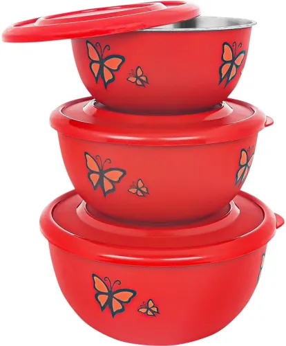 Image of Zaib Steel Serving Bowl Set – Pack of 3, Red & Black