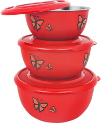 Zaib Steel Serving Bowl Set – Pack of 3, Red & Black